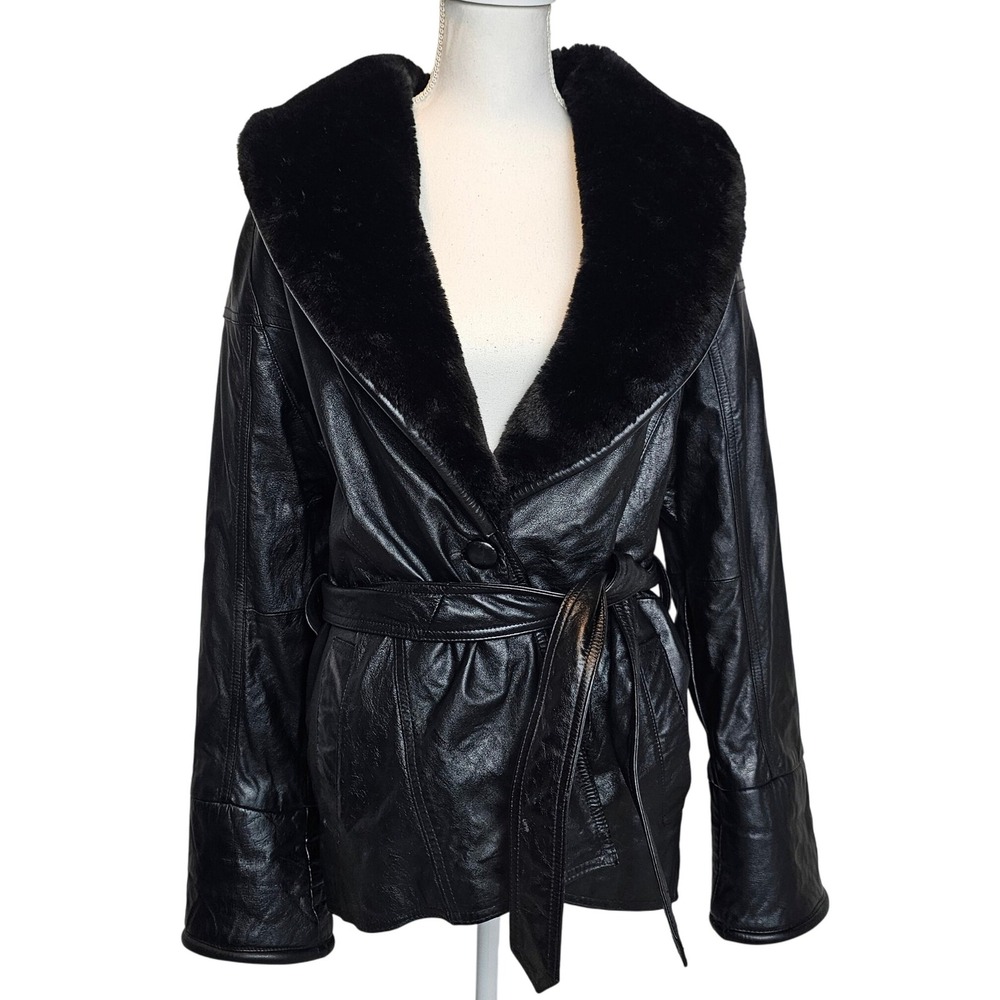 MGR Womens VTG‎ 90s Leather Jacket Coat Faux Fur Collar Medium Mob Wife Grunge - Picture 3 of 16